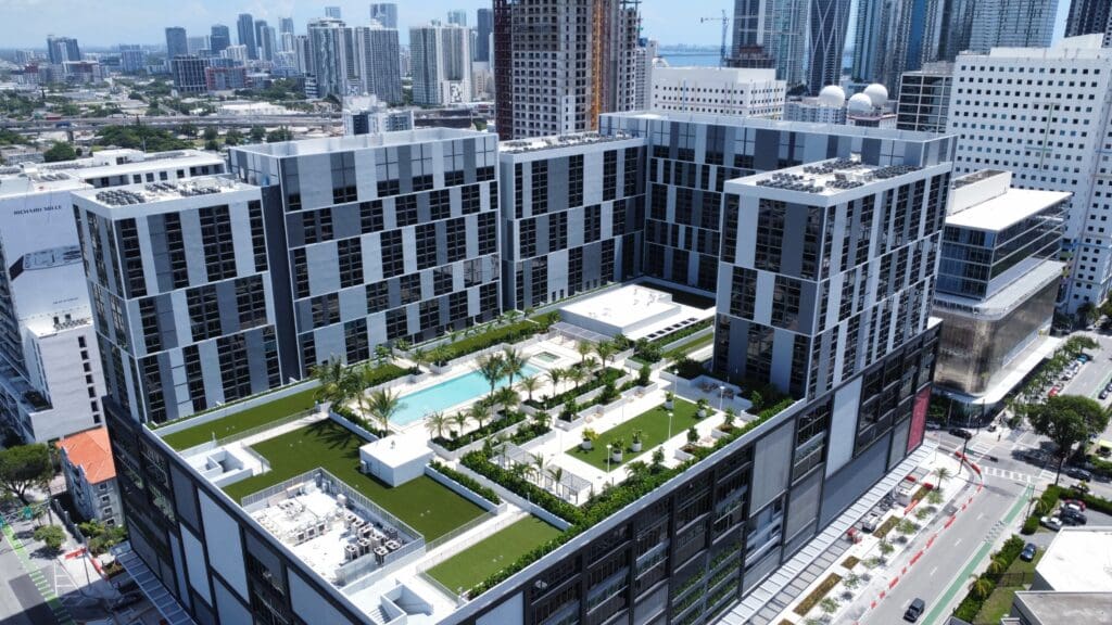 Aerial view of Sawyer's Walk, a mixed-use affordable housing residential and commercial space in Miami, FL.